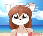  2017 alfa995 animated anthro assisted_exposure beach bikini black_nose blue_eyes blush breasts brown_eyes brown_hair cat cervine clothed clothing deer dialogue digital_media_(artwork) doe_(alfa995) duo eyebrows eyelashes eyewear feline female frown fur glasses goggles hair invalid_tag long_hair looking_at_viewer mammal nude open_mouth queen_(alfa995) seaside smile speech_bubble swimsuit text undressing whiskers 