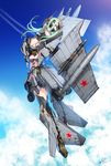  aircraft airplane cloud day fighter_jet flying green_hair hair_over_one_eye highres jet kws long_hair mecha_musume mig-31 military military_vehicle original sky solo 