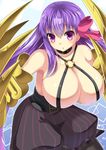  1girl absurdres bare_shoulders belt black_legwear breasts collar fate/extra fate/extra_ccc fate/grand_order fate_(series) female gauntlets hair_ornament hair_ribbon huge_breasts long_hair looking_at_viewer o-ring pantyhose passion_lip purple_eyes purple_hair ribbon ryofuhiko shorts solo standing very_long_hair weapon 