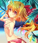  beach beach_towel bikini blonde_hair blue_sky breasts cleavage day flandre_scarlet hair_ribbon long_hair looking_at_viewer outdoors palm_tree paw_pose pointy_ears red_bikini red_eyes red_ribbon ribbon rimu_(kingyo_origin) side-tie_bikini side_ponytail sky small_breasts smile solo string_bikini striped striped_bikini swimsuit touhou towel tree wings 