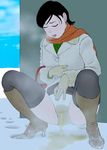  1girl black_hair blush boots coat cold high_heels munio_world outside panties peeing peeing_self skirt_lift snow solo squatting steam tagme thighs upskirt wet_panties white_panties 