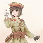  akitsu_maru_(kantai_collection) alternate_costume belt_pouch black_hair blush buttons canteen explosive eyebrows_visible_through_hair gloves gradient gradient_background green_eyes grenade hat imperial_japanese_army index_finger_raised kantai_collection longmei_er_de_tuzi military military_hat military_uniform open_mouth peaked_cap pouch short_hair shoulder_belt solo uniform white_gloves world_war_ii 