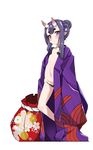  alternate_hairstyle closed_mouth denden_taiko fate/grand_order fate_(series) flat_chest highres horns japanese_clothes kimono looking_at_viewer navel oni oni_horns open_clothes open_kimono pointy_ears purple_eyes purple_hair short_hair shuten_douji_(fate/grand_order) smile solo standing younger 