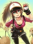  backpack bag baseball_cap belt black_gloves black_shorts breasts brown_hair choker cleavage cropped_jacket doduo edobox female_protagonist_(pokemon_go) fingerless_gloves gen_1_pokemon gloves green_eyes hat holding holding_poke_ball large_breasts leggings long_hair looking_at_viewer open_mouth poke_ball poke_ball_(generic) pokemon pokemon_(creature) pokemon_go ponytail short_shorts shorts smile solo 