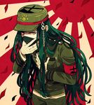  armband bandaged_hands bandages black_hair chain covered_mouth cowboy_shot danganronpa gakuran hand_on_own_chest hat long_hair looking_at_viewer male_focus mask new_danganronpa_v3 peaked_cap petals rising_sun school_uniform shinguuji_korekiyo solo sunburst yyy246 zipper 