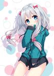  blue_eyes blush bow eromanga_sensei finger_to_mouth green_jacket hair_bow izumi_sagiri jacket long_hair looking_to_the_side mochizuki_shiina pink_bow silver_hair solo 