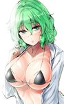 bangs bikini black_bikini breasts cleavage closed_mouth collarbone commentary_request green_eyes green_hair hair_between_eyes halter_top halterneck highres kazami_yuuka large_breasts long_sleeves looking_at_viewer micro_bikini_top nail_polish open_clothes open_shirt red_nails shirt short_hair solo stomach swimsuit touhou upper_body white_shirt y2 