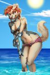  absurd_res anthro beach bikini canine clothed clothing cloud cybernetics digital_media_(artwork) dog female fivel hi_res machine mammal outside partially_submerged seaside skimpy sky solo swimsuit water 