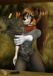  5_fingers anthro black_nose brown_hair canine clothed clothing collie detailed_background dog eyewear female glasses green_eyes gun hair holding_object holding_weapon mammal ranged_weapon smile solo tales_foxdale weapon 
