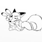  2017 anthro arm_grab black_and_white blush buckteeth canine chest_tuft disney duo female fingering fingering_partner flat_chested fox hi_res judy_hopps kneeling lagomorph male male/female mammal monochrome nick_wilde nude one_eye_closed open_mouth rabbit sex simple_background skeletonguys-and-ragdolls sweat sweatdrop teeth tuft vaginal vaginal_fingering white_background zootopia 