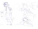  anthro bed canid canine canis clothed clothing domestic_dog fully_clothed goosebumps hat human hybrid male mammal monochrome paws reptile scalie school sleeping snake spinater 