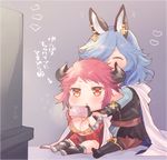 1girl blue_hair breasts cellphone chibi cleavage drang_(granblue_fantasy) earrings eno_yukimi granblue_fantasy horns jewelry large_breasts partially_translated phone pointy_ears red_eyes red_hair short_hair smartphone smile sturm_(granblue_fantasy) translation_request 