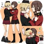  adjusting_another's_clothes anger_vein blush boots cheek_pull closed_eyes commentary_request cosplay costume_switch darjeeling directional_arrow dressing_another eighth_note garrison_cap girls_und_panzer hand_on_another's_face hat heart kiss kuromorimine_military_uniform military military_uniform multiple_girls multiple_views musical_note nishizumi_maho skirt spoken_anger_vein spoken_blush st._gloriana's_military_uniform sundebris surprise_kiss surprised twitter_username uniform yuri 