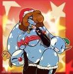  2016 anthro armwear arnachy bell breasts candy candy_cane christmas clothing elbow_gloves female food geeflakes_(character) gloves hat hi_res holidays lagomorph legwear mammal monster rabbit red_nose ribbons santa_hat solo stockings thong tongue 