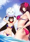 adjusting_clothes adjusting_swimsuit arms_up ass ass_visible_through_thighs ball beachball bikini blue_sky breasts brown_hair cleavage cloud day dutch_angle earrings fate/grand_order fate_(series) flower fou_(fate/grand_order) from_behind hair_flower hair_ornament hibiscus hoop_earrings jewelry large_breasts lintanghaseo long_hair looking_at_viewer looking_back multiple_girls nail_polish navel necklace outdoors purple_hair red_eyes scathach_(fate)_(all) scathach_(swimsuit_assassin)_(fate) sideboob sky string_bikini swimsuit wading wet xuanzang_(fate/grand_order) 
