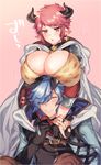  1boy 1girl animal_print annoyed blue_hair breast_rest breasts breasts_on_head cape cleavage drang_(granblue_fantasy) draph earrings eno_yukimi erune granblue_fantasy hair_over_one_eye heart horns hug hug_from_behind huge_breasts jewelry leopard_print long_hair parted_lips pink_background pointy_ears red_hair short_hair spoken_ellipsis sturm_(granblue_fantasy) 