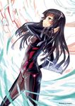  black_hair blush bodysuit fingerless_gloves floating_hair from_side g.h_(gogetsu) gloves grey_eyes guilty_crown hand_in_hair long_hair outdoors solo tsugumi_(guilty_crown) very_long_hair 