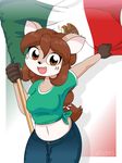  2016 5_fingers alfa995 anthro breasts brown_eyes brown_fur brown_hair cervine clothed clothing cute deer doe_(alfa995) face_paint female fur hair jeans long_hair looking_at_viewer mammal mexican_flag mexico midriff navel open_mouth pants ponytail raised_arm shirt simple_background smile solo standing tan_fur tied_shirt white_fur wide_eyed 