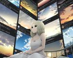  bare_arms bare_shoulders bed bed_frame blanket blonde_hair blue_sky cloud cloudy_sky collarbone commentary dress green_eyes looking_away looking_up original parted_lips sitting sky sleeveless sleeveless_dress solo sun sunlight sunrise sunset translation_request twilight twitter white_dress yajirushi_(chanoma) 