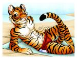  2017 anthro beach brown_eyes clothing feline male mammal michele_light one_eye_closed sea seaside solo swimsuit tiger towel water 