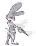  2017 anthro barefoot blood clothed clothing disney gun handgun hi_res holding_object holding_weapon jack_savage lagomorph looking_back male mammal nobby_(artist) pistol rabbit ranged_weapon restricted_palette simple_background solo standing suit weapon white_background zootopia 