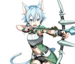  animal_ears black_ribbon black_shorts blue_eyes blue_hair bow_(weapon) breastplate cat_ears cat_tail cowboy_shot hair_between_eyes hair_ribbon holding holding_bow_(weapon) holding_weapon looking_at_viewer midriff navel official_art open_mouth ribbon short_hair_with_long_locks short_shorts shorts sidelocks sinon sinon_(sao-alo) slit_pupils solo standing stomach sword_art_online sword_art_online:_code_register tail transparent_background weapon 