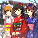  amagi_yukiko black_hair blue_flower brown_eyes brown_hair day flower hair_flower hair_ornament head_tilt high_ponytail japanese_clothes kimono kouchin kujikawa_rise long_hair looking_at_viewer multiple_girls obi outdoors parted_lips persona persona_4 red_flower sash satonaka_chie short_hair standing yukata 