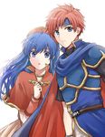  1girl armor blue_armor blue_eyes blue_hair blush cape dress fingerless_gloves fire_emblem fire_emblem:_fuuin_no_tsurugi gloves hat headband lilina long_hair red_hair roy_(fire_emblem) short_hair simple_background white_background wspread 