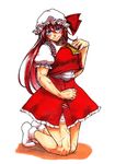  ascot bangs blue_eyes blush bobby_socks braid breasts commentary_request cosplay flandre_scarlet flandre_scarlet_(cosplay) frilled_skirt frills full_body hair_between_eyes hand_up hat hat_ribbon hong_meiling kneeling koyubi_(littlefinger1988) large_breasts legs long_hair looking_at_viewer mob_cap muscle muscular_female no_shoes outline puffy_short_sleeves puffy_sleeves red_hair red_skirt red_vest ribbon scar shiny shiny_hair shirt short_sleeves simple_background skirt skirt_set smile socks solo thighs touhou twin_braids very_long_hair vest white_background white_legwear white_shirt 