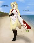  2017 anthro beach black_fur canine clothed clothing clovis_(twokinds) crossgender dialogue digitigrade english_text female fox front_view fur gloves_(marking) holding_object hybrid keidran looking_at_viewer mammal markings multicolored_fur nipples open_mouth outside pussy red_eyes running seaside seff skimpy smile socks_(marking) solo surfboard swimsuit tan_fur text tongue translucent transparent_clothing twokinds unseen_character water webcomic wet wolf yellow_sclera 