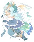  aqua_eyes bare_shoulders blush claws copyright_name dragon_poker feathers harpy jewelry light_blue_hair long_hair looking_back mofuaki monster_girl open_mouth solo talons wings 