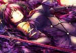 armor bodysuit breasts fate/grand_order fate_(series) gae_bolg hisuririi holding holding_weapon large_breasts long_hair looking_at_viewer lying open_mouth pauldrons polearm purple_bodysuit purple_hair red_eyes scathach_(fate)_(all) scathach_(fate/grand_order) shoulder_armor spear veil weapon 