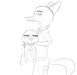  2017 anthro belt black_and_white blush canine carrying clothed clothing disney duo female fox half-closed_eyes judy_hopps lagomorph looking_at_viewer male mammal monochrome nick_wilde police_uniform rabbit side_view simple_background smile uniform white_background yitexity zootopia 