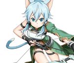  animal_ears arrow asymmetrical_sleeves black_ribbon black_shorts blue_eyes blue_hair bow_(weapon) breastplate cat_ears cat_tail drawing_bow hair_ornament hair_ribbon holding holding_arrow holding_bow_(weapon) holding_weapon looking_at_viewer midriff official_art outstretched_arm ribbon shiny shiny_skin short_hair_with_long_locks short_shorts shorts sidelocks sinon sinon_(sao-alo) slit_pupils solo sword_art_online sword_art_online:_code_register tail thigh_strap transparent_background weapon 