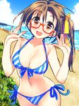  beach bikini blue_bikini breasts brown_eyes brown_hair cleavage cowboy_shot day front-tie_top glasses hair_ribbon highres large_breasts long_hair looking_at_viewer navel open_mouth original red-framed_eyewear ribbon side-tie_bikini side_ponytail solo striped striped_bikini swimsuit yellow_ribbon yuuki_keisuke 