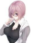  black-framed_eyewear black_shirt blush breasts cleavage commentary_request fate/grand_order fate_(series) glasses hair_between_eyes hood hoodie large_breasts lavender_hair long_sleeves looking_at_viewer mash_kyrielight open_clothes open_hoodie parted_lips purple_eyes shirt short_hair smile solo upper_body zucchini 