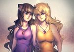  5_fingers animal_humanoid bakki big_breasts black_hair blake_belladonna blonde_hair breasts brown_hair cat_humanoid clothed clothing duo eyebrows eyelashes faunus feline female hair human humanoid jewelry mammal necklace purple_eyes rwby smile yang_xiao_long 