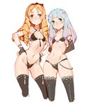  arms_behind_back ass_visible_through_thighs black_bra black_gloves black_legwear black_panties blue_eyes blush bow bra breasts closed_mouth codename47 contrapposto criss-cross_halter cropped_legs drill_hair elbow_gloves embarrassed eromanga_sensei fingerless_gloves frown gloves hair_bow hair_ribbon hairband halterneck hands_on_hips highleg highleg_panties highres izumi_sagiri long_hair multiple_girls navel panties pointy_ears ribbon ringlets sidelocks silver_hair simple_background small_breasts smile standing string_panties thighhighs twin_drills underwear underwear_only white_background yamada_elf 
