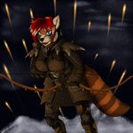  anthro arrow black_nose blue_eyes bow clothed clothing female hair holding_object holding_weapon mammal open_mouth red_hair red_panda sky solo star starry_sky tales_foxdale teeth tongue weapon 