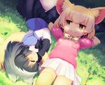  animal_ears black_hair blonde_hair blush bow bowtie check_commentary closed_eyes commentary commentary_request common_raccoon_(kemono_friends) day eyebrows_visible_through_hair fennec_(kemono_friends) fox_ears fox_tail gradient_hair grass grey_hair half-closed_eyes kemono_friends lying multicolored_hair multiple_girls on_back on_side outdoors pantyhose pleated_skirt raccoon_ears raccoon_tail saebashi short_hair skirt smile tail tail_pillow thighhighs two-tone_hair white_legwear zettai_ryouiki 