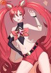  1girl alternate_costume alternate_hair_color alternate_hairstyle bare_shoulders bow fingerless_gloves gloves hair_ornament jewelry jinx_(league_of_legends) league_of_legends long_hair magical_girl patreon red_bow red_bowtie red_hair ribbon shorts star_guardian_jinx twintails very_long_hair 