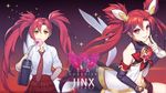  1girl alternate_costume alternate_hair_color alternate_hairstyle bare_shoulders bow bubblegum fingerless_gloves gloves hair_ornament jinx_(league_of_legends) league_of_legends lipstick magical_girl red_bow red_bowtie red_hair school_uniform skirt star_guardian_jinx tied_hair twintails very_long_hair 