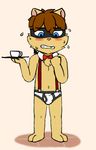  anthro blue_eyes blush bow_tie briefs brown_fur brown_hair bulge chest_tuft clenched_teeth clothing cub cup erection erection_under_clothes fist flat_colors flying_sweatdrops fur hair kennen_(lol) league_of_legends looking_down mask mezzanine_(artist) navel penis_outline pink_nose precum riot_games serving shy simple_background suspenders sweat sweatdrop tan_fur teeth tuft underwear video_games wet_spot white_background yordle young 