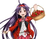  :d ahoge arm_up bracelet food fruit hairband jacket jewelry long_hair looking_at_viewer neck_ribbon official_art open_clothes open_jacket open_mouth pleated_skirt pointy_ears purple_hair red_eyes red_hairband red_jacket red_ribbon red_skirt ribbon shirt skirt smile solo standing strawberry sword_art_online sword_art_online:_code_register transparent_background upper_body very_long_hair white_shirt yuuki_(sao) 