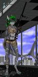  5_fingers 5_toes anthro barefoot breasts clothed clothing detailed_background digitigrade ear_piercing female fish green_eyes gun hair holding_object holding_weapon marine midriff navel non-mammal_breasts piercing ranged_weapon shark smile tales_foxdale toes weapon 