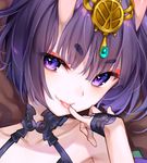  :p bare_shoulders close-up eyebrows_visible_through_hair eyeliner fangs_out fate/grand_order fate_(series) finger_to_mouth hair_ornament head_tilt hikimayu horns kaguyuzu looking_at_viewer makeup naughty_face pinky_out purple_eyes purple_hair short_hair shuten_douji_(fate/grand_order) smile solo tongue tongue_out upper_body 