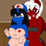  2015 anthro big_breasts breasts brown_eyes chilly_pepper cleavage clothed clothing dragon duo equine fan_character female gloves hat hi_res horn huge_breasts hybrid klodette kloudmutt mammal membranous_wings my_little_pony nurse nurse_hat nurse_uniform open_mouth red_eyes teeth tongue unicorn uniform wide_hips wings 