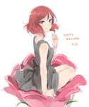  arm_support bare_legs barefoot black_bow black_dress blush bow dated dress flower happy_birthday looking_at_viewer love_live! love_live!_school_idol_project monsieur nishikino_maki on_flower purple_eyes red_hair short_dress short_hair simple_background sitting sketch sleeveless sleeveless_dress smile solo white_background 