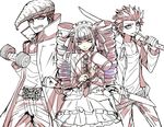  2boys belt bonnet bousouzoku celestia_ludenberck clenched_teeth cowboy_shot danganronpa danganronpa_1 drill_hair dumbbell eyelashes facial_hair goatee gothic_lolita hammer jacket kitchen_knife kuwata_reon lolita_fashion long_hair looking_at_viewer mallet multiple_boys necktie oowada_mondo pectorals piercing pompadour sidelocks simple_background smile sword teeth tongue tongue_out tongue_piercing twin_drills twintails weapon white_background yyy246 