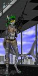  5_fingers 5_toes anthro barefoot breasts clothed clothing detailed_background digitigrade ear_piercing eyewear female fish goggles green_eyes gun hair holding_object holding_weapon marine midriff navel non-mammal_breasts piercing ranged_weapon shark smile tales_foxdale toes weapon 